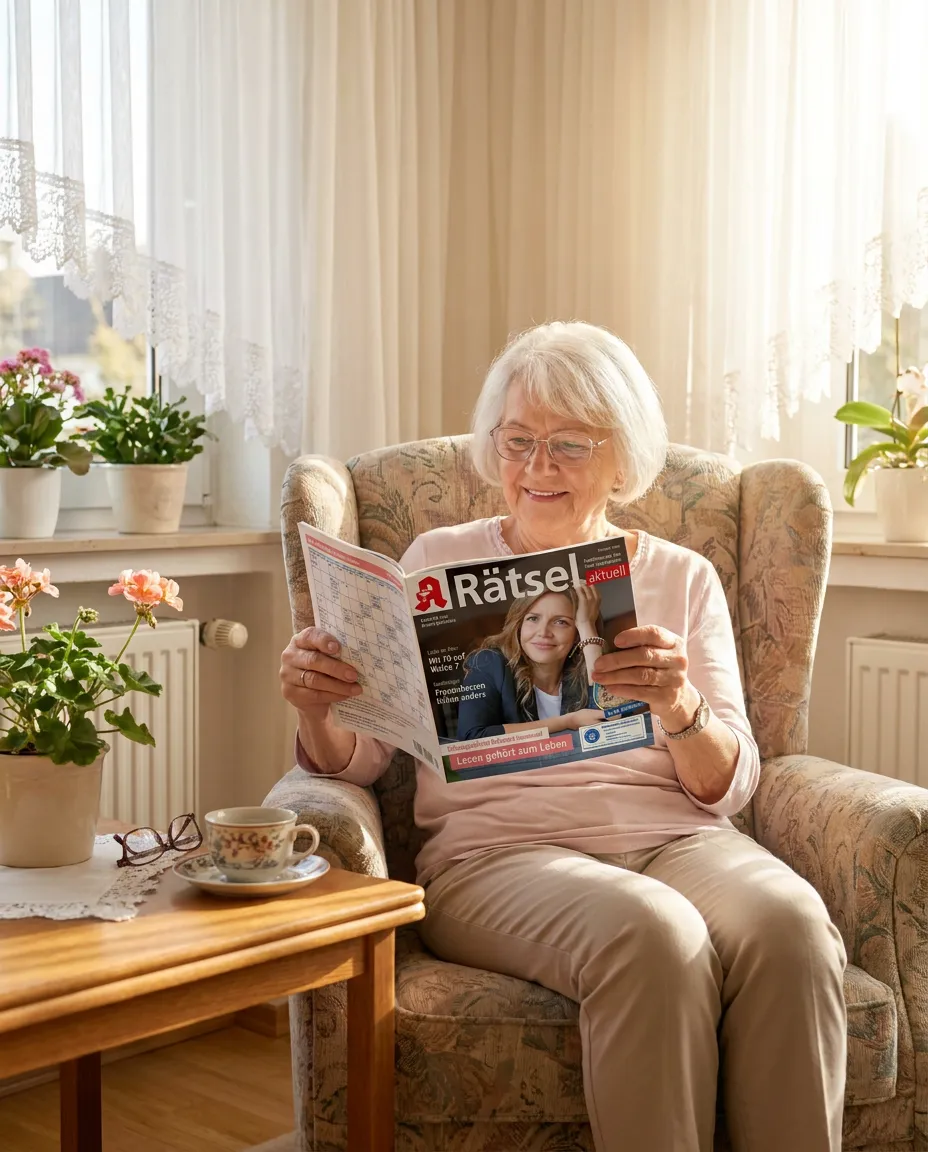 Ältere Frau liest Rätsel-aktuell Zeitschrift
